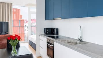 Exclusieve penthouse, uitzicht op stad | Privékeuken | Een koelkast/vriezer, een magnetron, een oven, een kookplaat