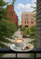 A cup of coffee with latte art on a balcony overlooking a cityscape with modern buildings and trees.