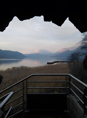 A view through a window with a metal railing, a body of water, and distant mountains. - Studio "Le Cabanon 35 m²" with Mountain View (Doussard)