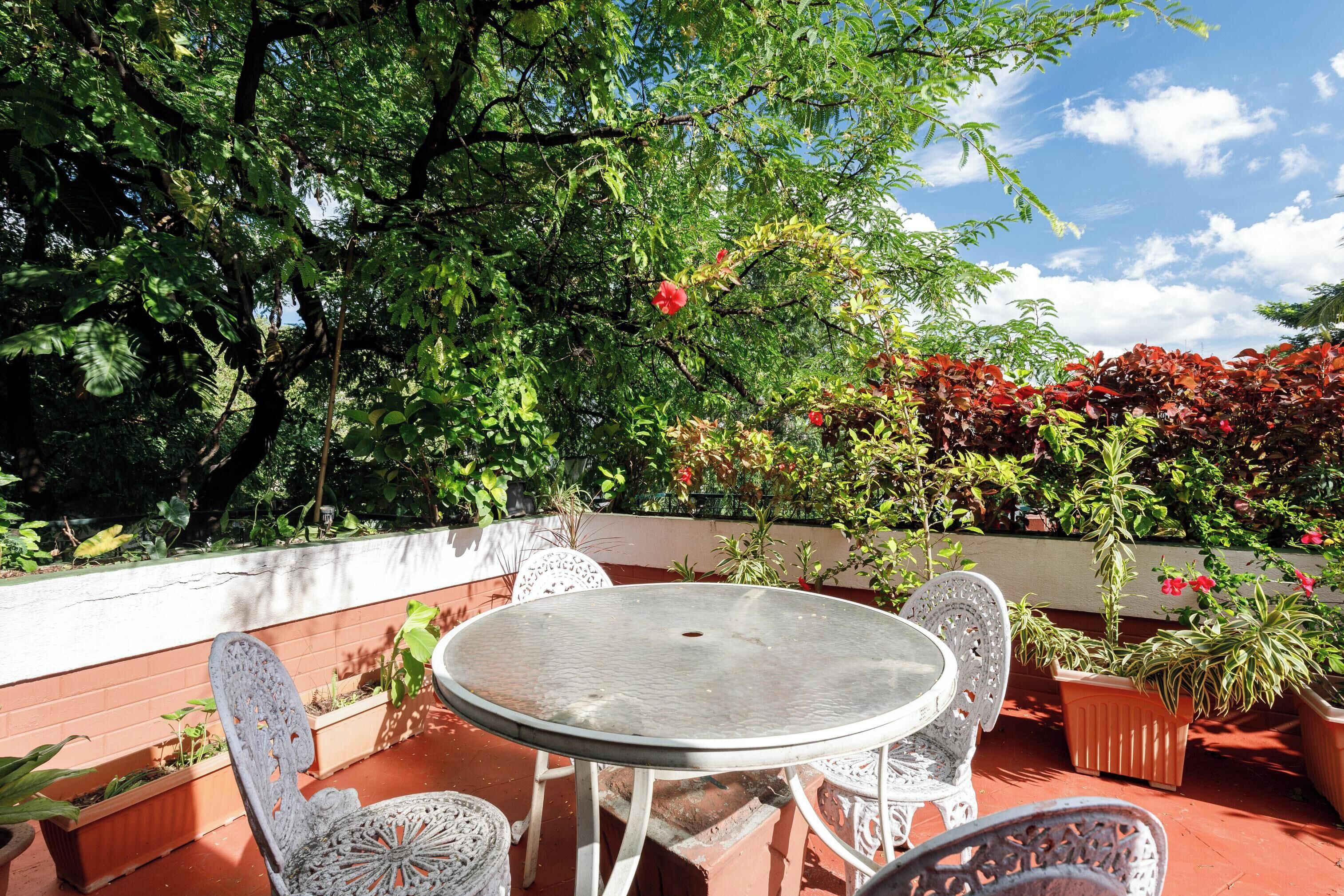 Eine Terrasse im Freien mit einem runden Tisch und vier Stühlen, umgeben von Kübelpflanzen und verschiedenen Bäumen.