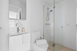 Shower, hair dryer, towels