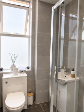 Douche, séchoir à cheveux, serviettes fournies, savon