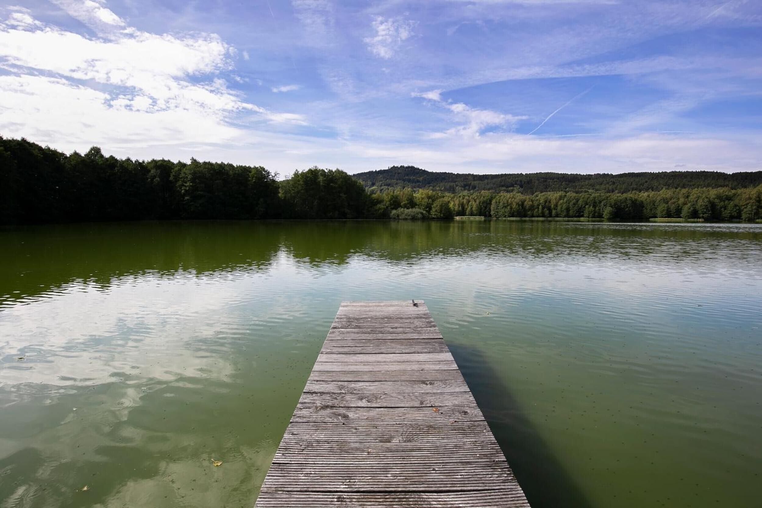 Une jetée en bois s’étendant sur un lac paisible, avec une colline boisée en arrière-plan.