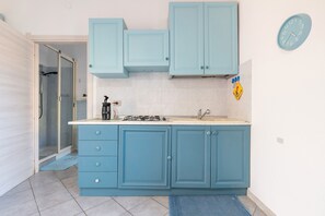 Fridge, microwave, stovetop, coffee/tea maker