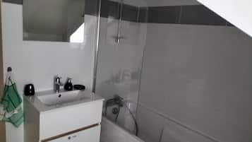 Hair dryer, towels, soap, toilet paper