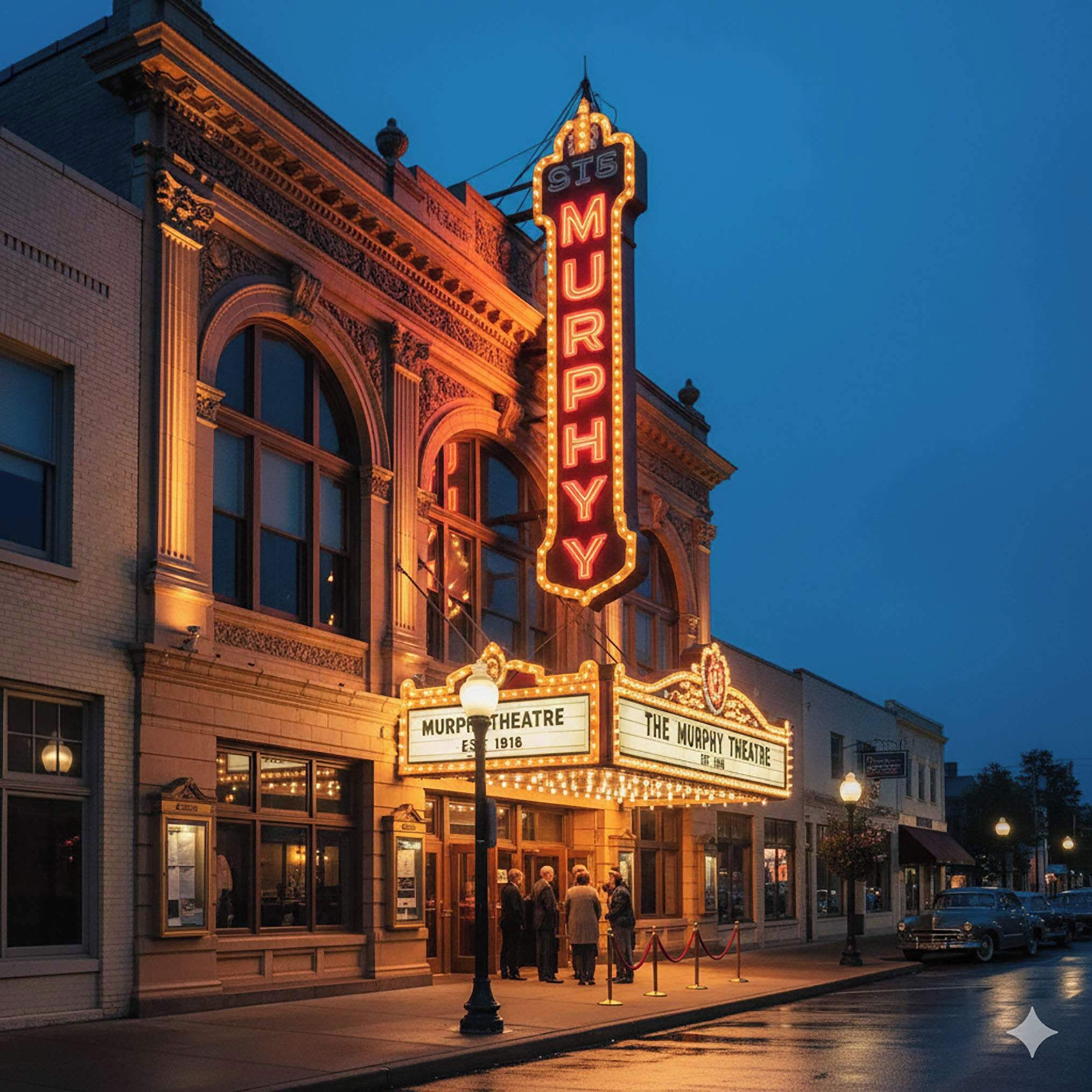 A theater with a marquee reading "MURPHY" and "EST. 1916" indicating its establishment year.