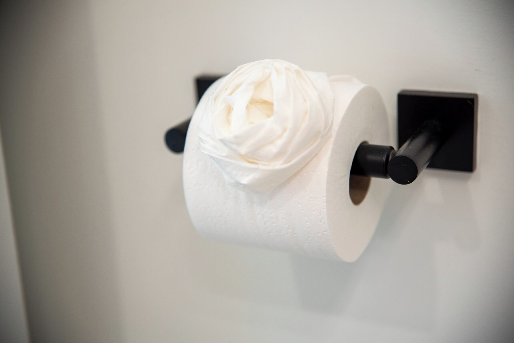 A toilet paper roll mounted on a wall with a black holder.