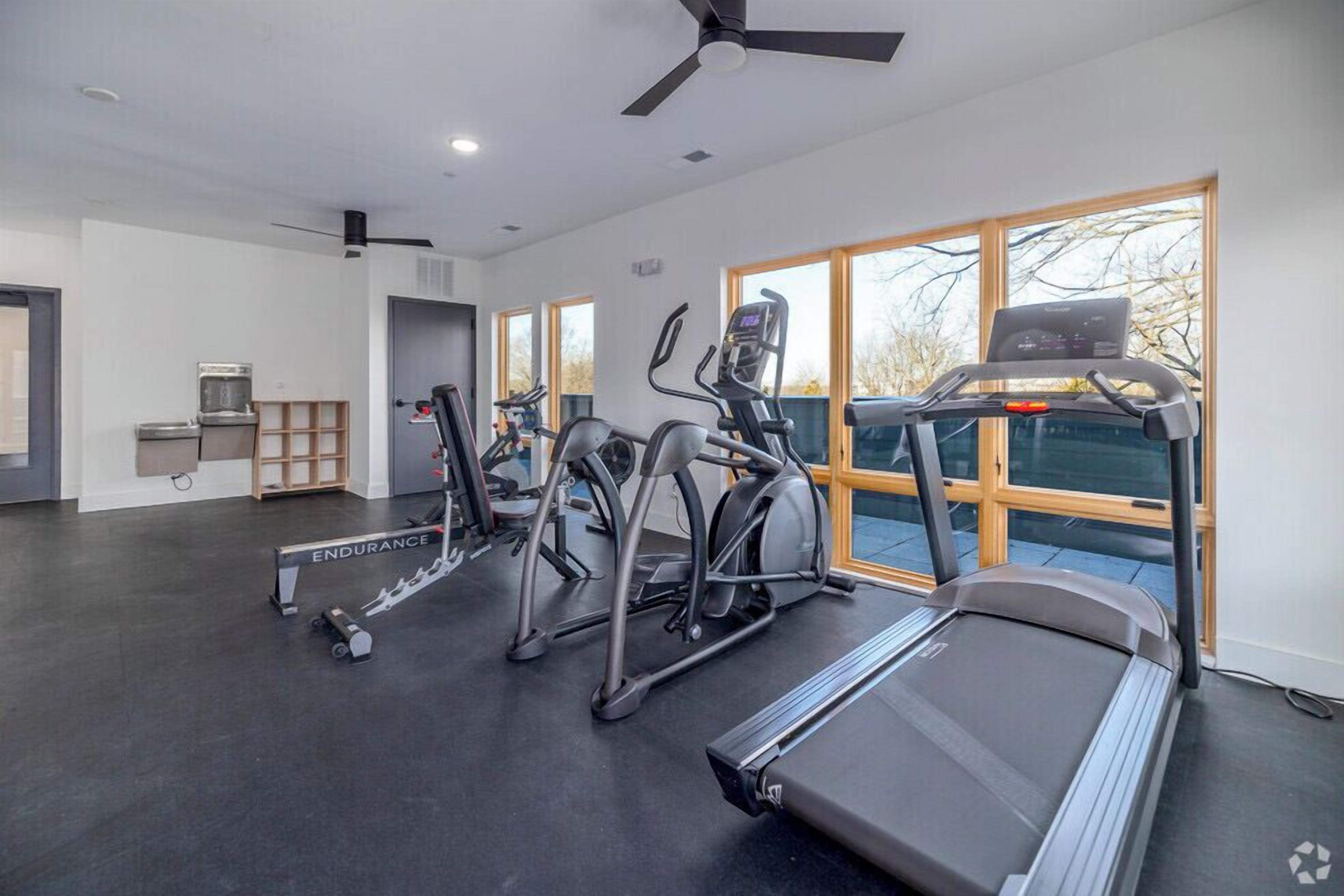 Ett gym med löpband, crosstrainers och en roddmaskin.