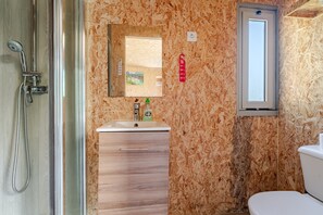 A bathroom with a shower, sink, mirror, and toilet.