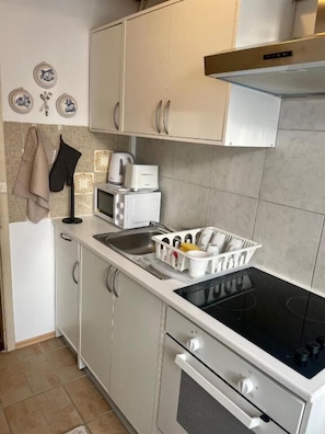 Appartement, 1 chambre, non-fumeurs, vue ville | Cuisine privée | Réfrigérateur, micro-ondes, plaque de cuisson