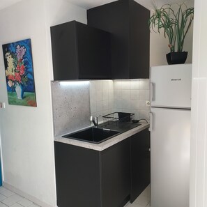 Fridge, microwave, coffee/tea maker, electric kettle