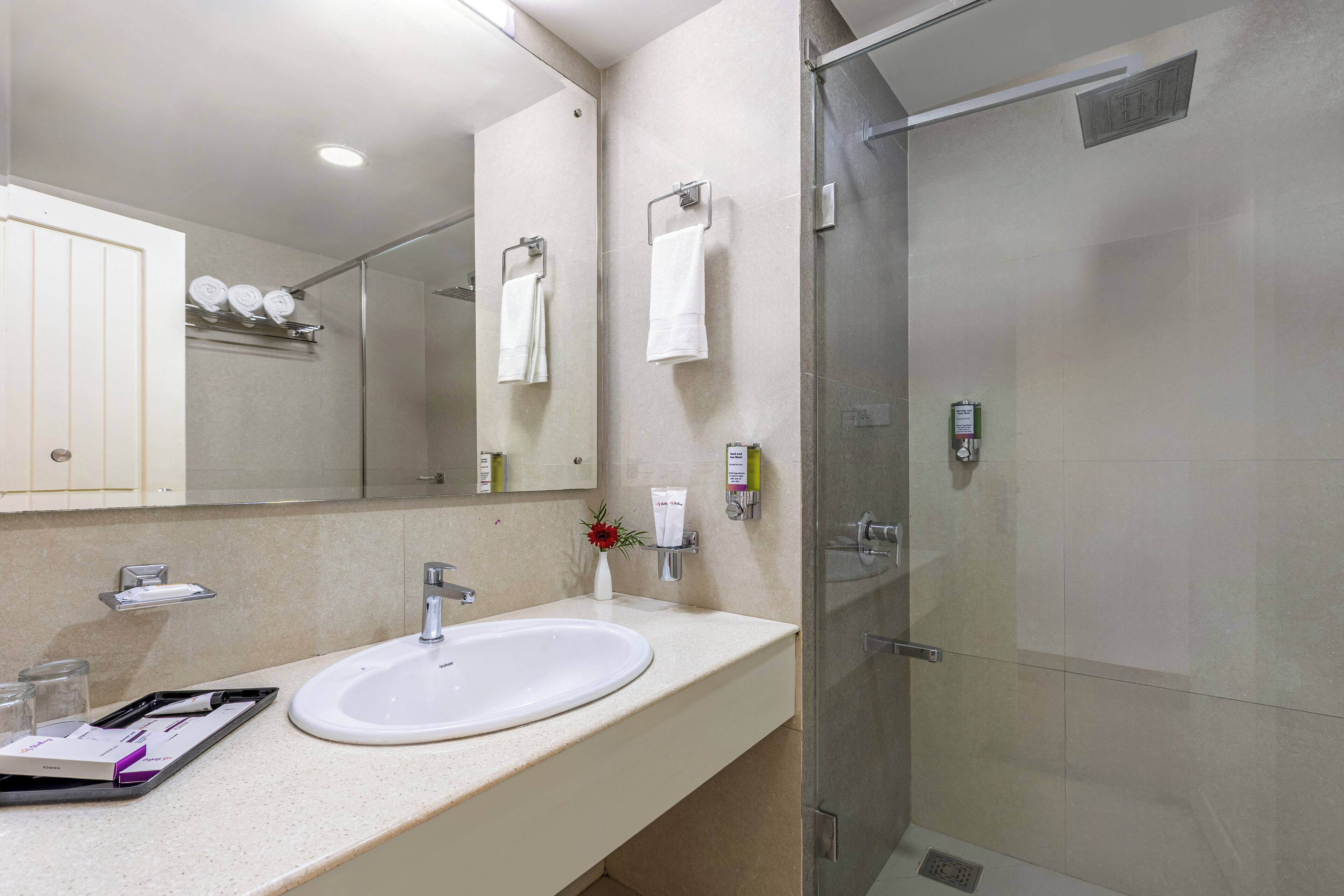 A hotel bathroom with a sink, mirror, towel rack, and glass shower enclosure.