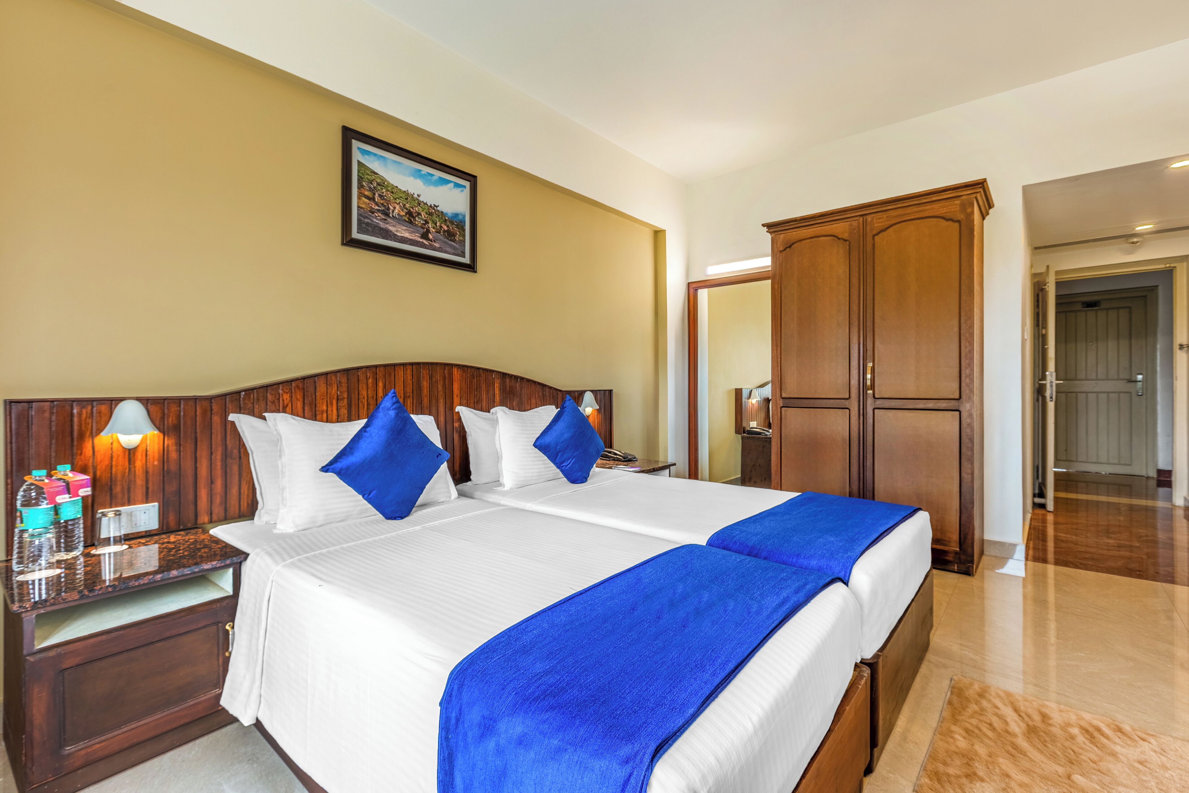 A double bed with white and blue bedding, a wooden headboard, a nightstand with a lamp, and a wardrobe.