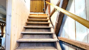 A wooden staircase with a handrail, leading to a door labeled "BILJARD." - 4 Person Holiday Home in Uddevalla (Uddevalla)