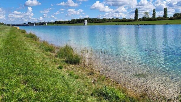 A calm lake with clear water, surrounded by grassy banks and trees. - Suite 1 - Apartments am Schloss (Oberschleißheim)