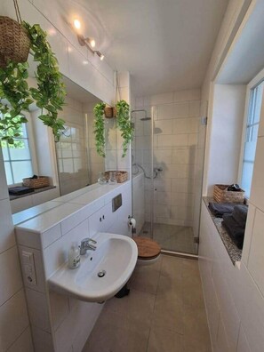 Hair dryer, towels, soap, toilet paper