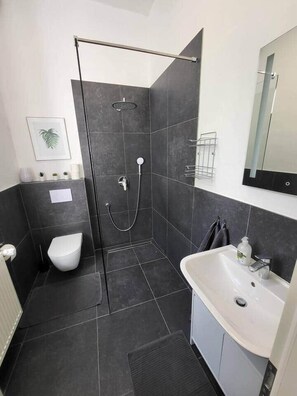 Hair dryer, towels, soap, toilet paper
