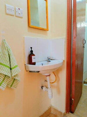 Shower, towels, soap, toilet paper