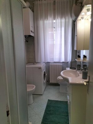 Hair dryer, bidet, towels, soap