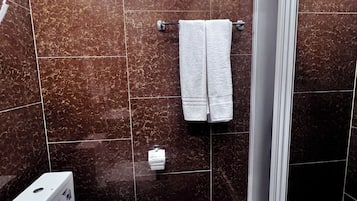Shower, hair dryer, towels, shampoo