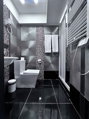 Shower, hair dryer, towels, shampoo