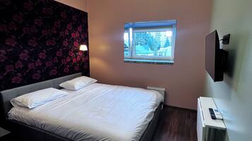 Un dormitorio con cama, ventana, televisor de pared y lámpara en el techo.