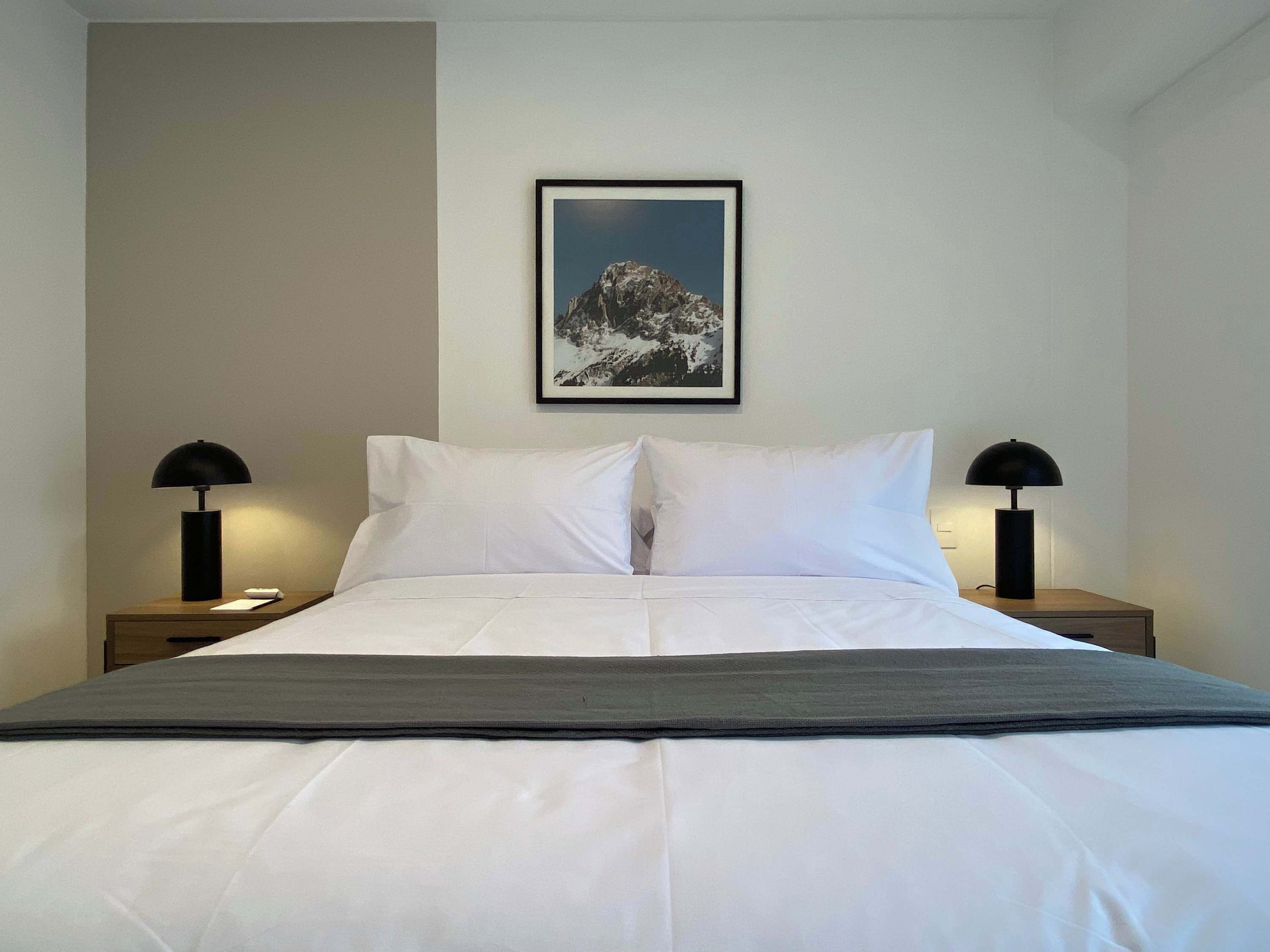 A neatly made bed with white linens and a gray throw blanket, flanked by two bedside tables with black lamps, in a room with a framed picture on the wall.