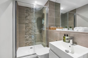 Hair dryer, towels, soap, toilet paper