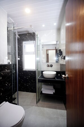 Shower, free toiletries, hair dryer, towels