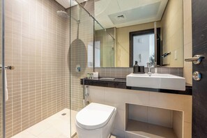 Shower, hair dryer, towels