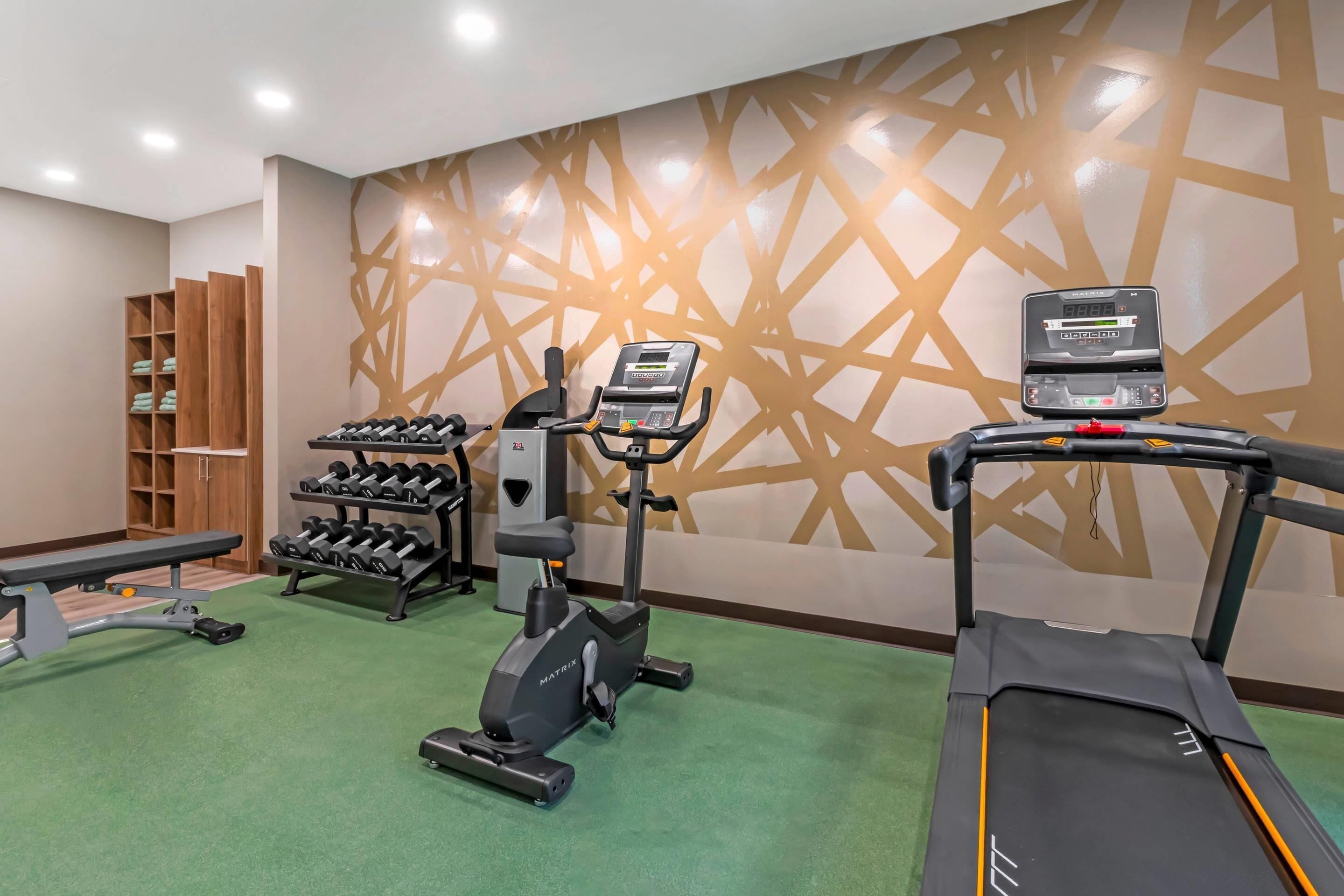 A gym with exercise equipment including a treadmill, elliptical, and dumbbells.