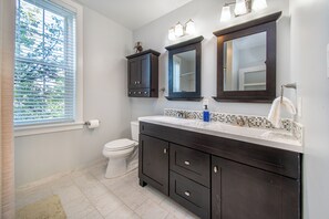 Hair dryer, towels, soap, toilet paper