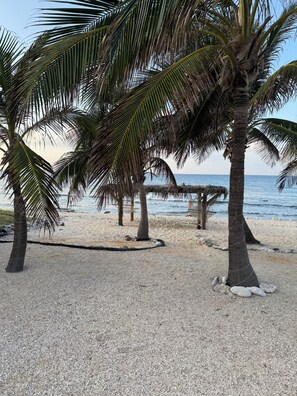 A beach with palm trees and a wooden structure. - Beachfront 1-bdr 1-bath "Coconut Palm Suite" 100 ft from the Ocean with a Pool! (West End)