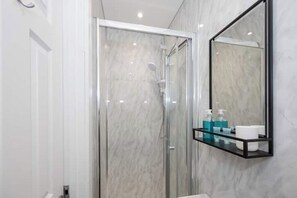 Shower, hair dryer, soap