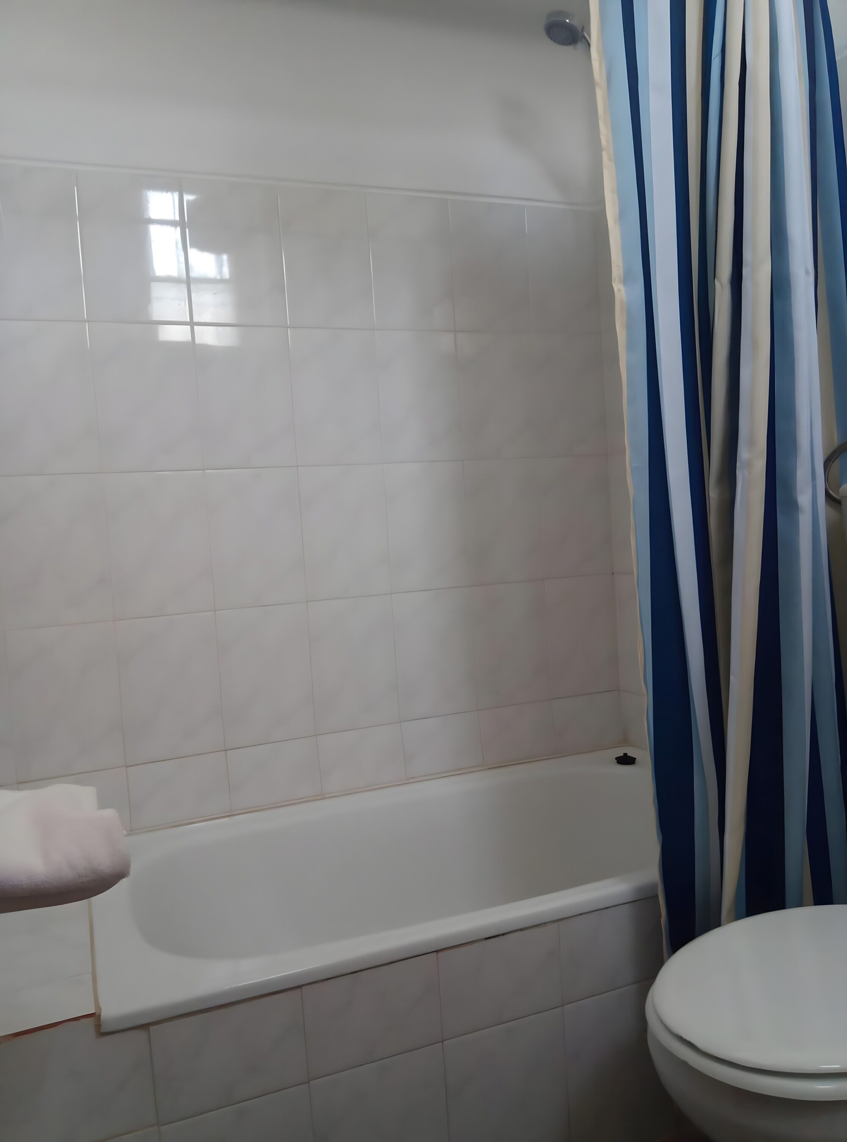 Un baño con bañera, inodoro y cortina de ducha.