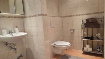 Hair dryer, towels, soap, toilet paper