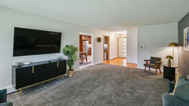 A modern living room with a flat-screen TV, a black console table, a large plant, and a grey carpet. - Iowa City 4br Backyard Walk To Stadium 4 Bedroom Home (Iowa City)