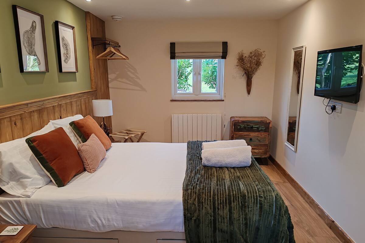 A neatly arranged bedroom with a bed, bedside table, lamp, and a television mounted on the wall.