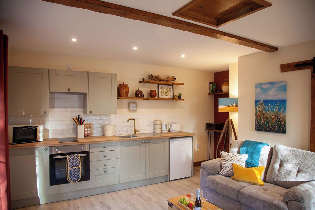 A compact kitchen with a microwave, oven, and sink, a grey sofa with cushions, and a painting on the wall.