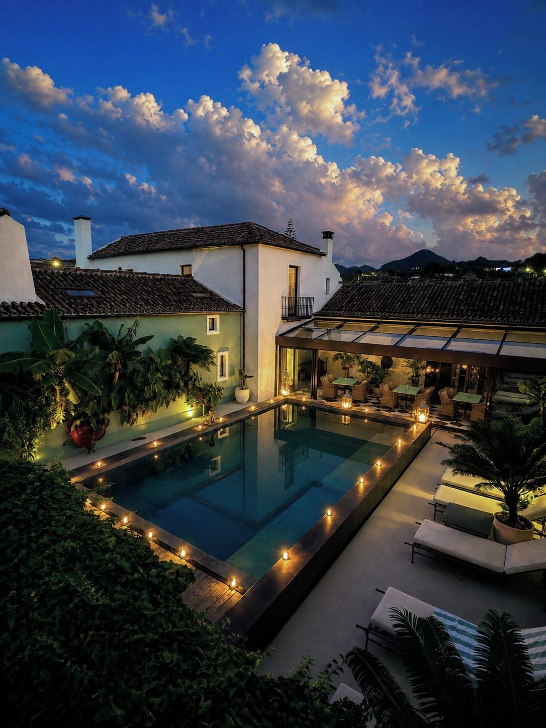 A swimming pool with a glass enclosure, surrounded by outdoor seating and plants, under a twilight sky.