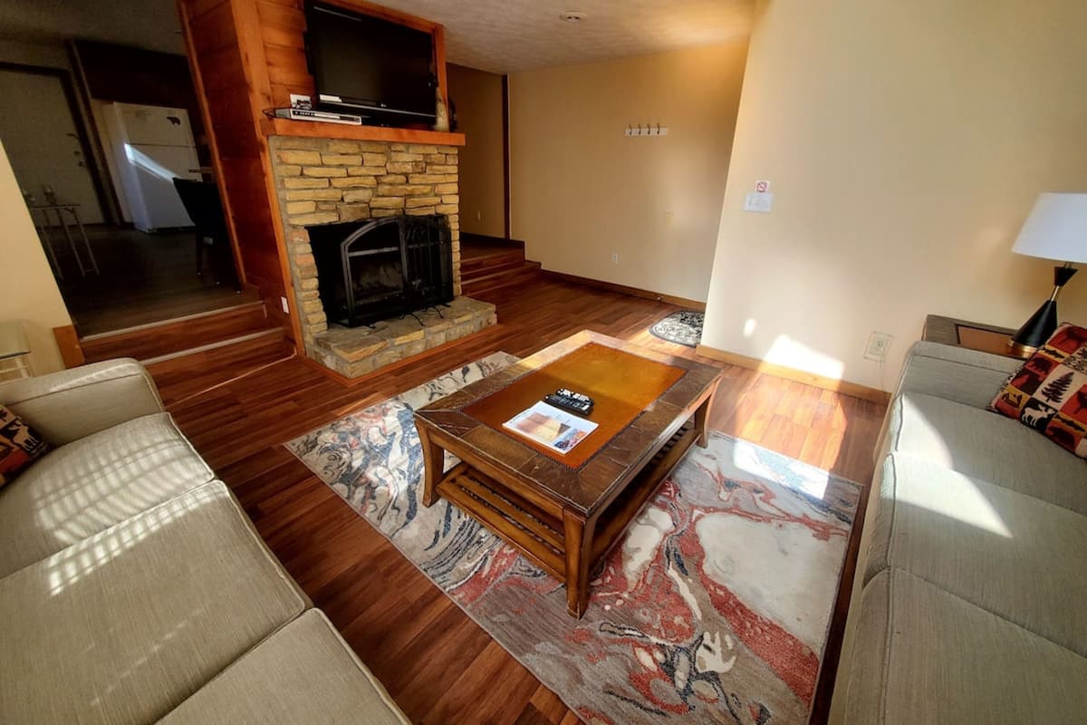 35-inch Smart TV with satellite channels, fireplace, books
