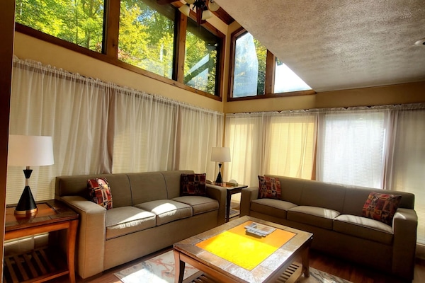 35-inch Smart TV with satellite channels, fireplace, books