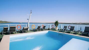 Outdoor pool, pool umbrellas, pool loungers