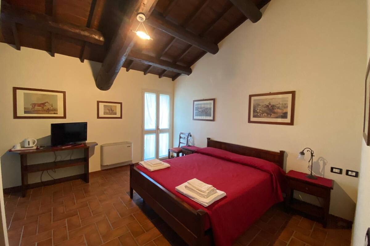 A bedroom with a wooden bed, a desk with a television, and a radiator. There are framed pictures on the walls and a window with curtains.