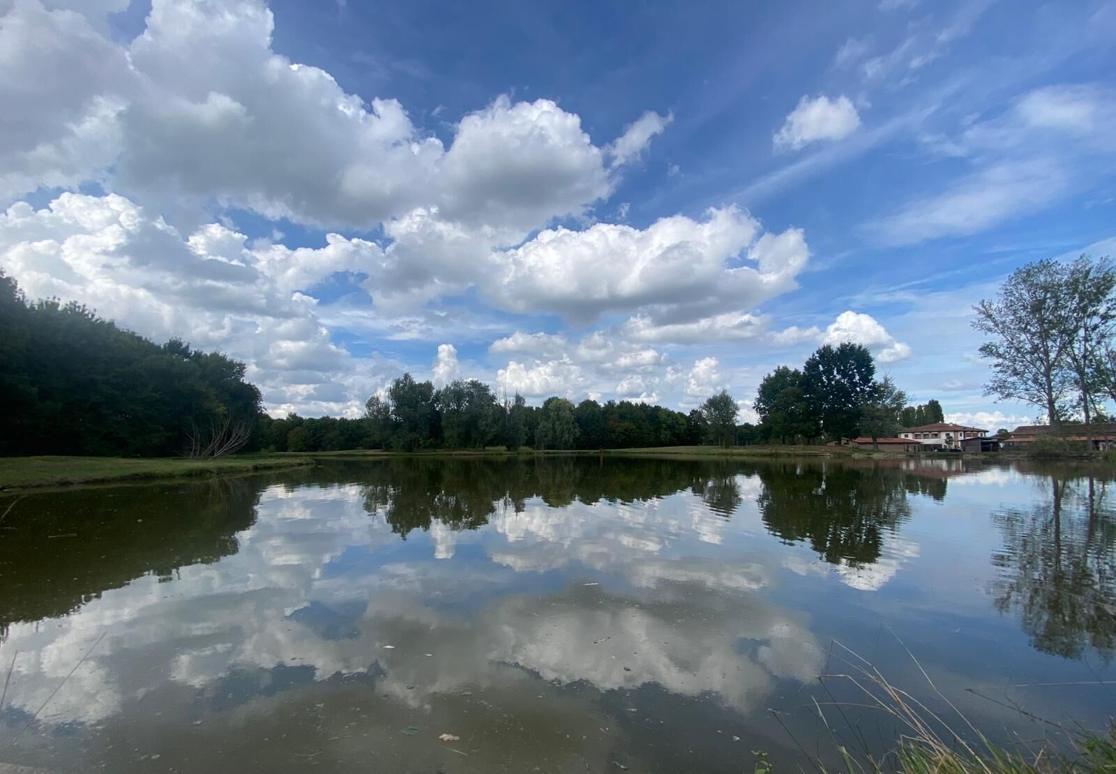 A calm lake with reflections of trees and a partly cloudy sky.