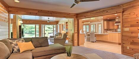 Smart TV, fireplace, video games, DVD player