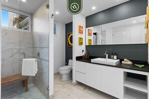 Shower, hair dryer, towels