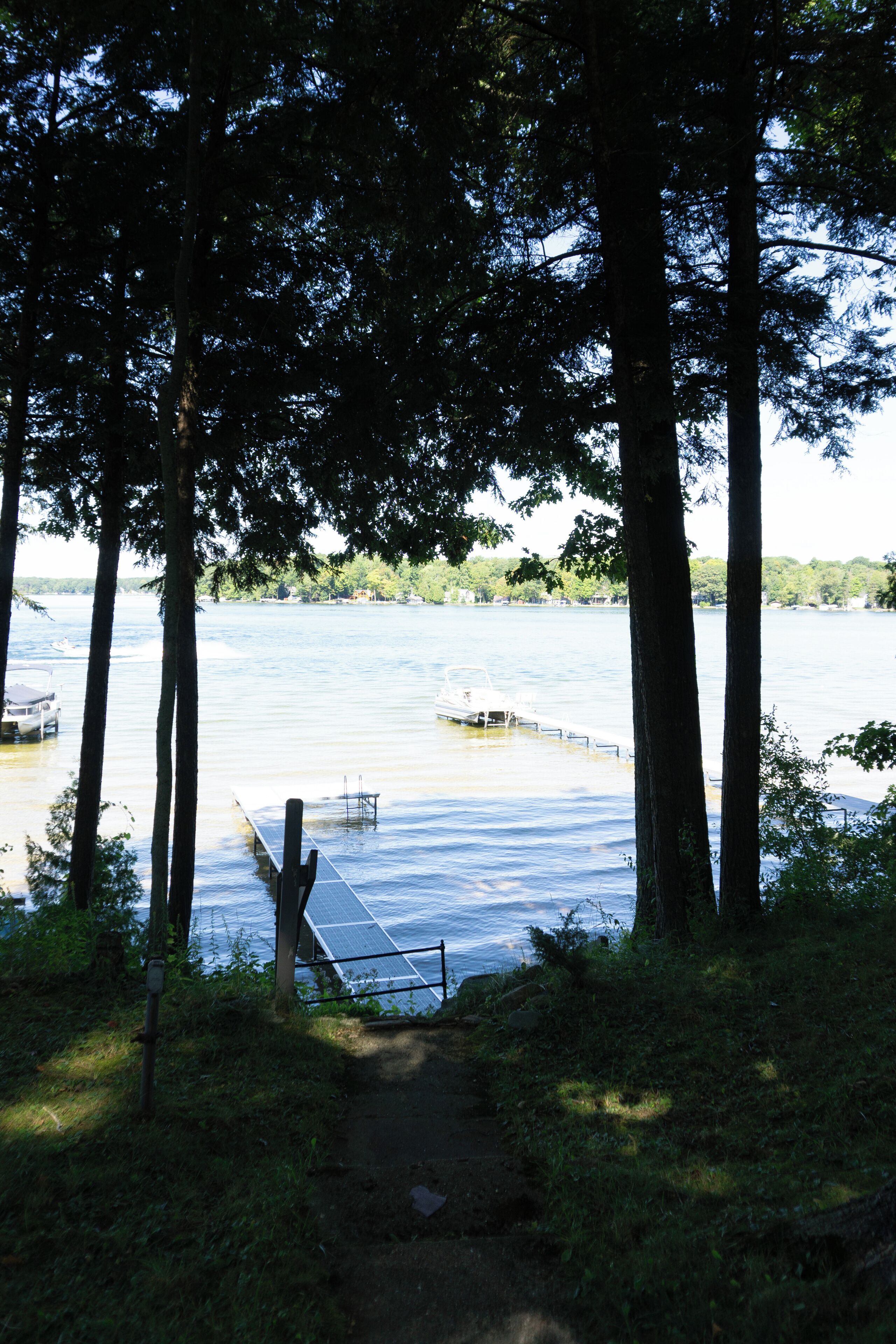 A pathway leading to a dock by a calm lake, surrounded by tall trees.