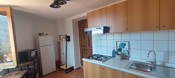 Fridge, oven, stovetop, electric kettle