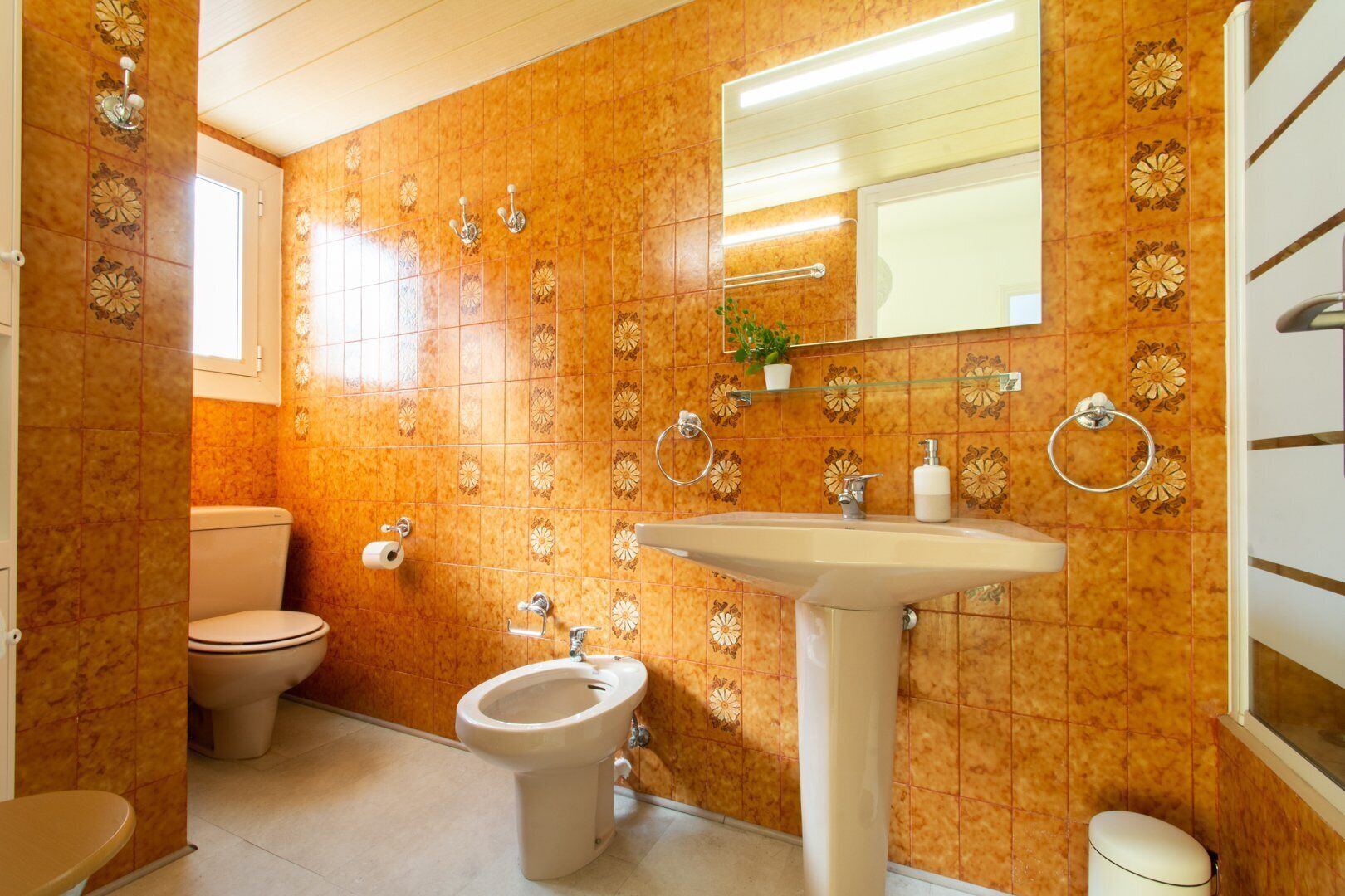 A bathroom with a toilet, bidet, sink, and a mirror.
